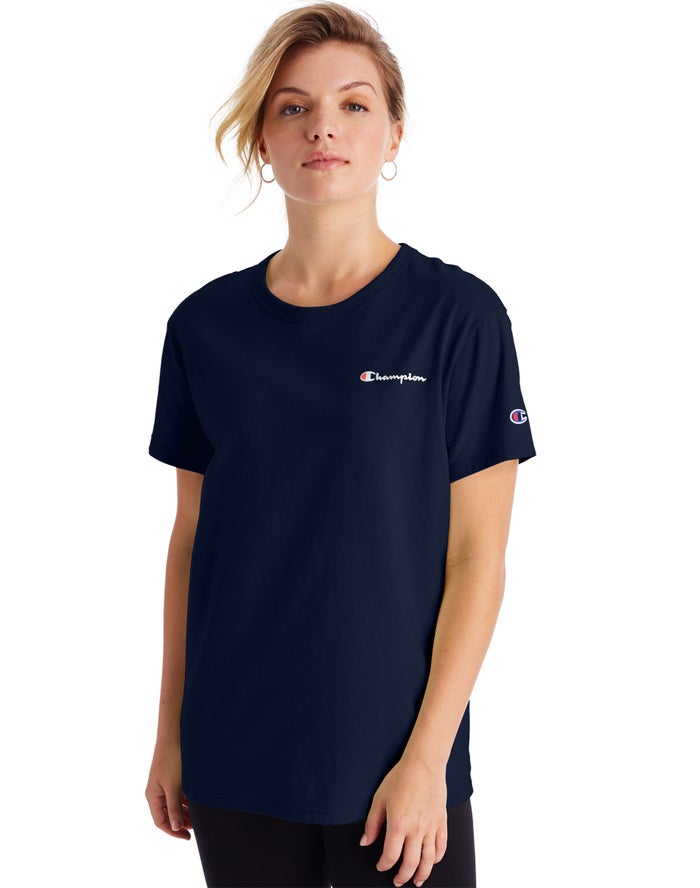 Champion Dame T-Shirts Mørkeblå - Boyfriend Script Logo - Danmark IOY-756032